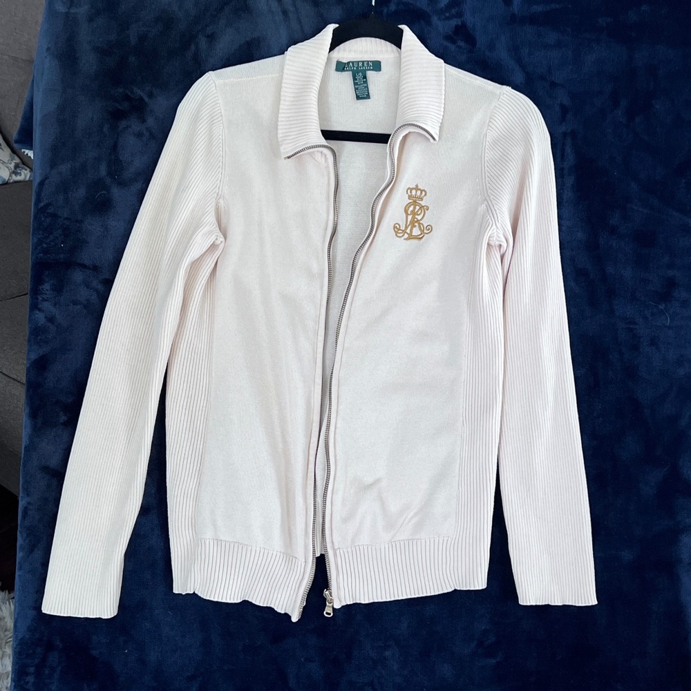 Ralph Lauren Womens Ribbed Knit Full Zip Cardigan Sweater‎ Crown Logo READ